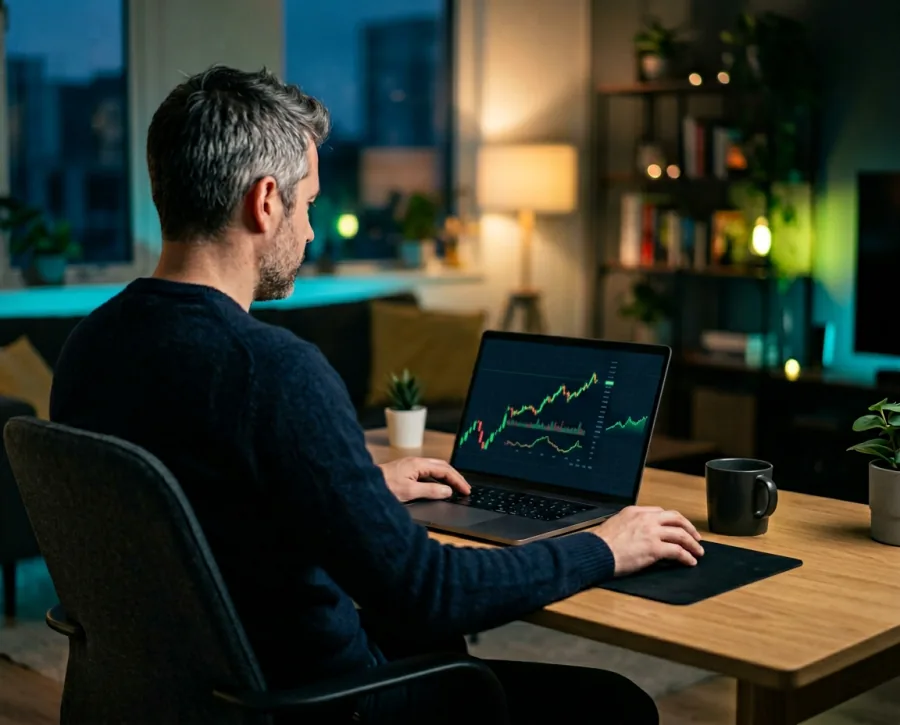 Persona al laptop con espressione serena