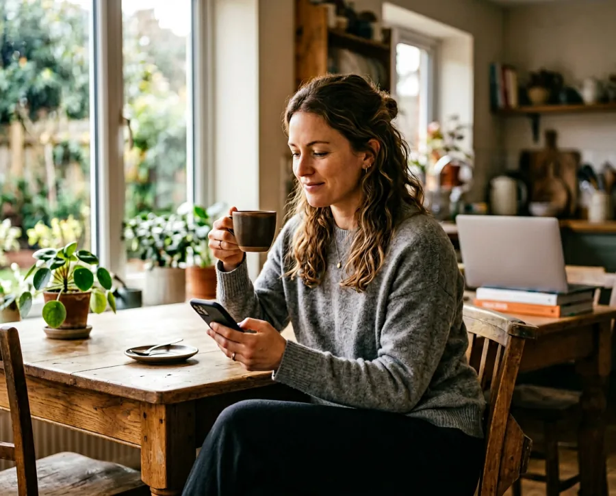 Persona con caffè e telefono